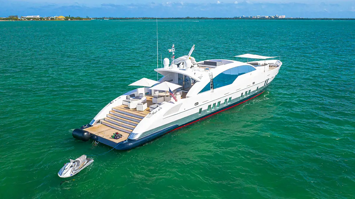 Exterior view of 120' Tecnomar yacht in the Bahamas