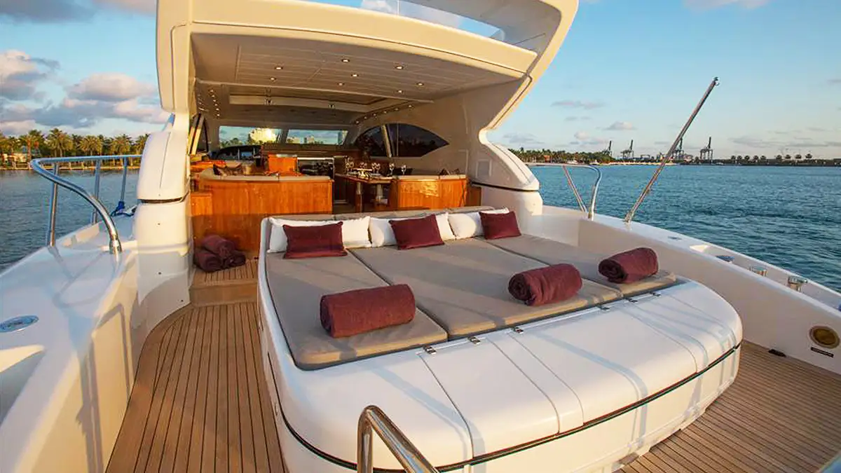 Deck view of 72' Mangusta yacht in the Bahamas