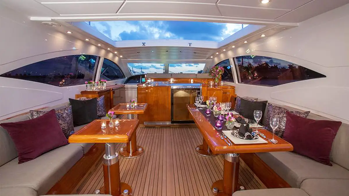 Interior view of 72' Mangusta yacht in the Bahamas
