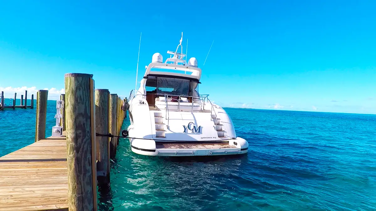 Exterior view of 72' Mangusta yacht in the Bahamas