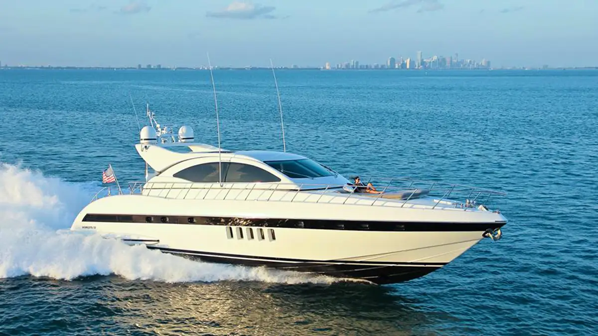 Exterior view of 72' Mangusta yacht in the Bahamas