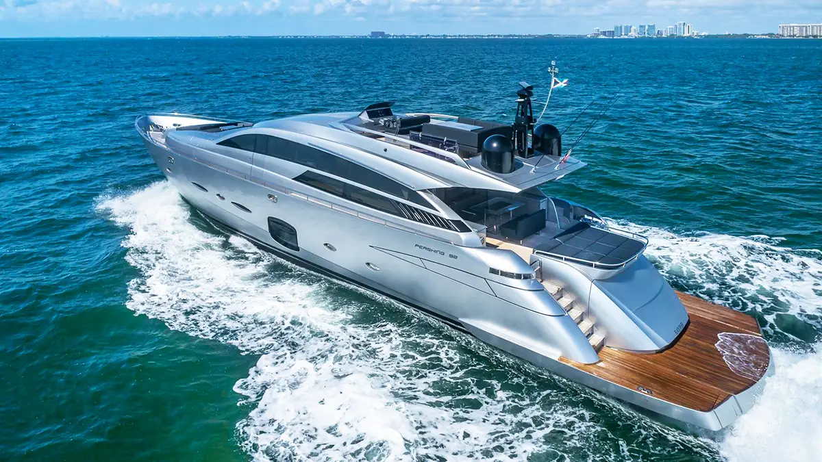 Exterior view of 92' Pershing yacht in Miami and Bahamas